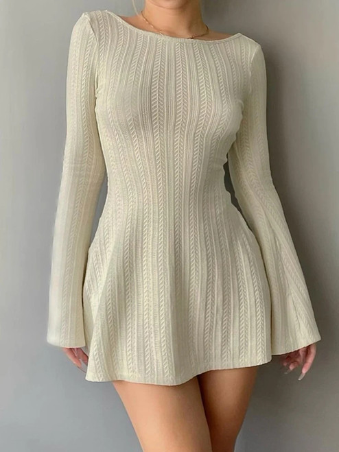 Weekeep Autumn Party Dress Solid Elegant Flared Full Sleeve Slim Knitted Mini A-line Dresses Women Clothing Lady