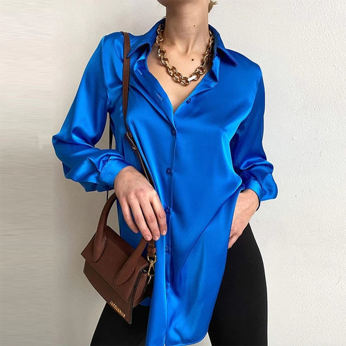Women Elegant Long Sleeve Satin Lapel Single Breasted Shirt Spring Summer Oversized Tops Casual Blue Tunic