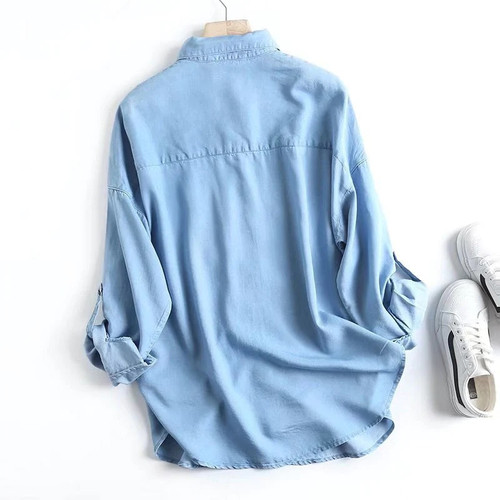 Women Long Sleeve Lapel Denim Shirt Casual Oversized Blouse Streetwear Button Up Loose Tops Summer Autumn Shirts