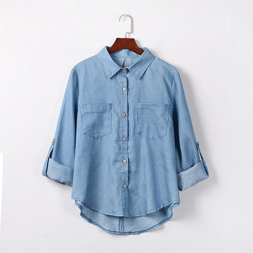 Denim Pockets Blouse Shirt Loose Buttons V-Neck Tops Casual Autumn Top Ladies Female Women Long Sleeve Blusas Pullover
