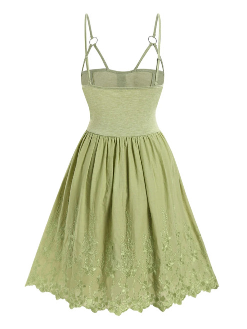 Flower Embroidery Cottagecore Dress Lace Up Mock Button O Ring Adjustable Straps Backless Robe Light Green For Spring