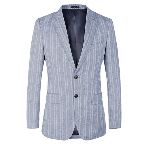 Striped Mens Blazer Slim Fit Suit Jacket for wedding french Style cotton linen Blue Male Blazers Costume