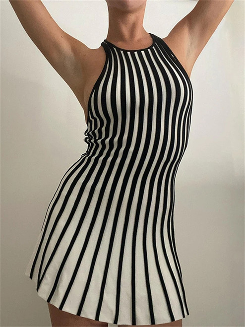 Striped Short Mini Dress Chic Women Sleeveless Tank Dress Club Party Outfits Streetwear