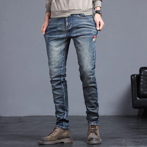 Spring Summer Men Jeans Vintage Blue Solid Color Elastic Classic Jeans Men Slim Fashion Denim Trousers