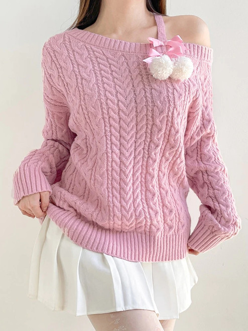 Pink Bow Lace-up Sweaters Kawaii Winter Aesthetic Twist Knit Jumper Casual Women Loose Off Shoulder Pullover