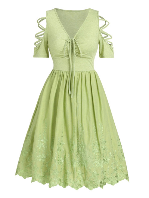 Women Green Garden Party Robe Embroidery Cottagecore Cinched Ruched Bust Flare Dress Lattice Short Sleeve