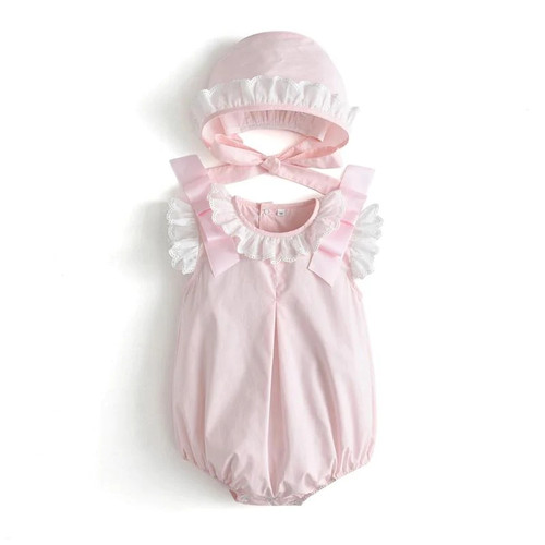 Baby Girls Pink Rompers Clothes For Kids With Hats Summer Children Spanish Clothing Girl Cotton Bubbles Newborn Jumpsuits