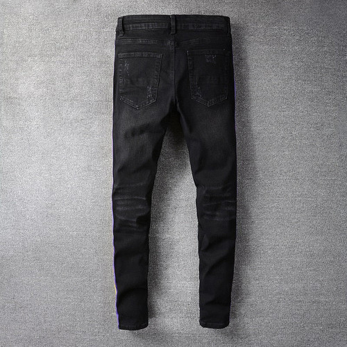 Men Stripe Ripped Stretch Denim Jeans Streetwear Slim Skinny Pencil Pants Holes Distressed Trousers Black