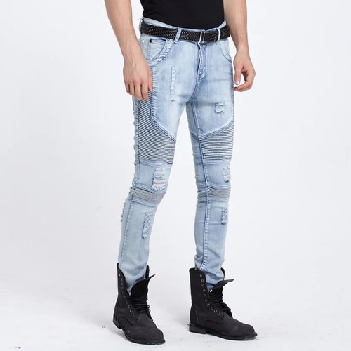 mens elastic ripped biker jeans skinny light blue west designer hip hop streetwear swag Motorcycle pants Joggers