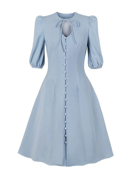 Light Blue Vintage Slim A Line Women Dresses Tie Neck Keyhole Single-Breasted 3/4 Length Sleeve Dress Elegant