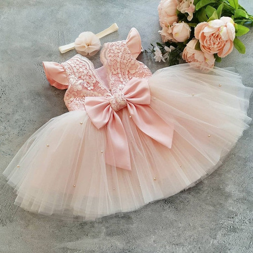 Kids Wedding Party Princess Dresses for Girls Ruffles Lace Baby 1st Birthday Ball Gown Cute Bow Children Tulle Summer Dress