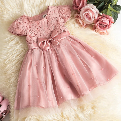 Kids Wedding Party Princess Dresses for Girls Ruffles Lace Baby 1st Birthday Ball Gown Cute Bow Children Tulle Summer Dress