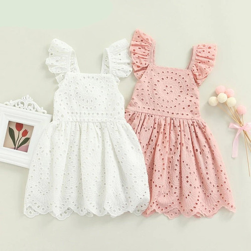 Girls Flying Sleeve Dress Kids Summer  Solid Color Lace Hollow-Out Square-Neck Princess Dress For 1-5 Years