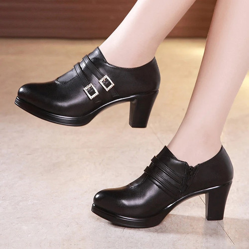 Women Shoes Block Heels Deep Mouth Buckle Platform Pumps High Heel Elegant Leather Office Shoes Ladies