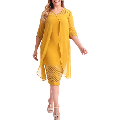 Elegant Dress V-Neck Half Sleeve Solid Color Women Dress Chiffon Cape Design Fake Two Pieces Dress Female Clothes