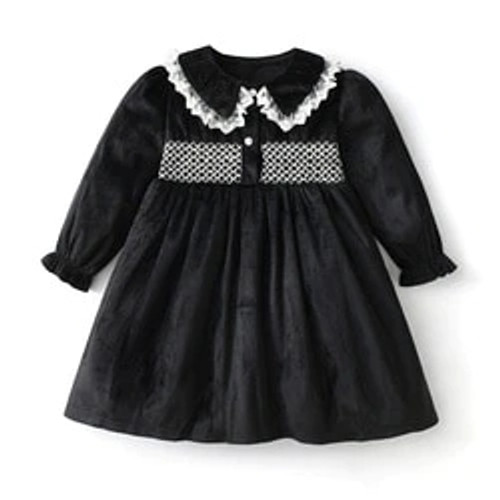 Vintage Children Long Sleeve Velour Dress for Girls Autumn Winter Baby Girl Black Smocking Dress with Lace Boutique Clothes