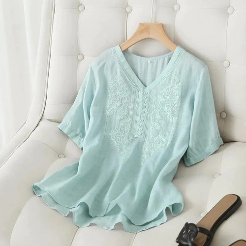 women summer new fashion age-reducing literary retro embroidery short-sleeved loose casual V-neck top