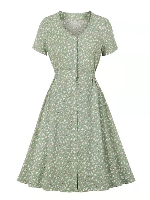 Short Sleeve V-Neck Single-Breasted Floral Robe Femme A Line Summer Women Vintage Style Knee Length Dress in Green