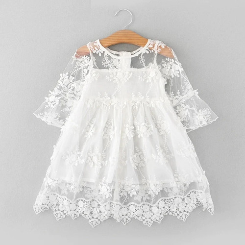 Girls Dress Summer  New Long Sleeve Lace Hollow  Sweet Party Dress Toddler Kids Clothes 3-7Y