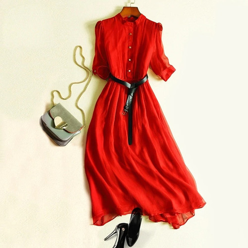 Summer Dresses for Women Elegant 2022 New 100% Mulberry Silk Vestido French Red Retro Casual Dress Thin Short-sleeved Midi Dress