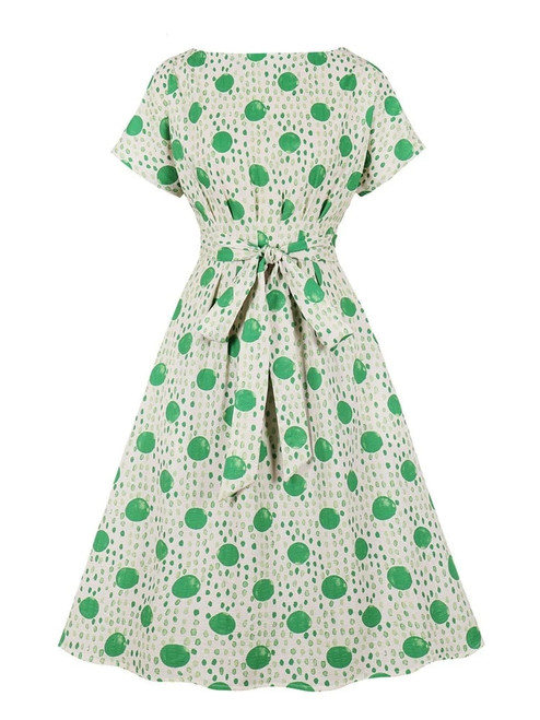 Vintage Look Vacation Outfits for Women Green Dot Summer Bow Tie High Waist Elegant Pocket Midi Dress