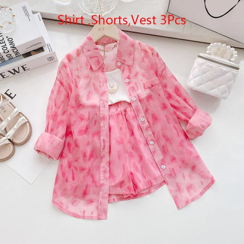 Autumn Baby Clothes Girls Pink Leopard 3 Piece Spring Kids Love Sling Vest Long Shirts 4-12 Y Girl Casual Clothing Suit