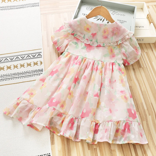 Kids Baby Girl Floral Dress Short Sleeve Lapel Neck Button Front Ruffle Loose Princess  Dress Gown 2-7 year