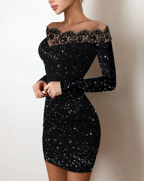 Sexy Party Night Out Dresses For Women Autumn Plain Black Off Shoulder Long Sleeve Contrast Lace Glitter Bodycon Mini Dress
