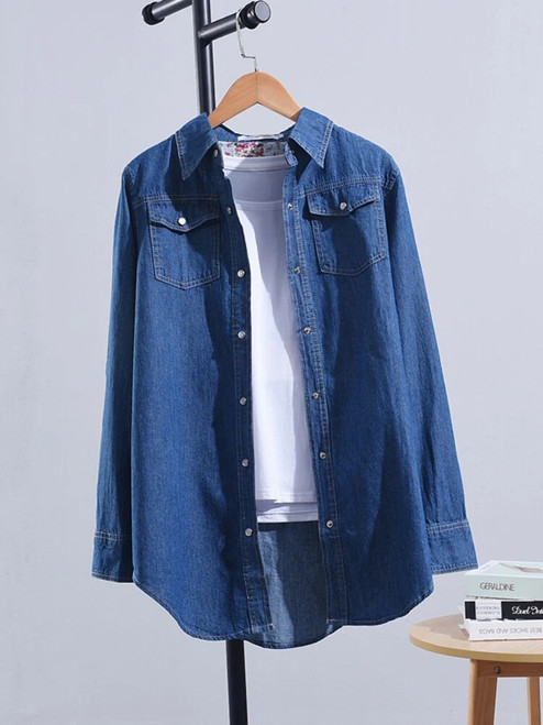 Women Blouse Denim Cotton Top Spring Autumn Casual Thick Pocket Single Breasted Button Lapel Long Sleeve Blue Shirt