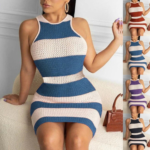 Autumn And Winter Knitted Vest Dress Women Sleeveless Color Matching Striped Mini Sweater Dress
