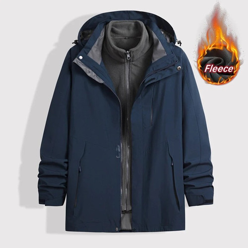 Men Outdoor Waterproof Jacket Zipper Pocket Detachable Fleece Liner Warm Winter Casual Loose Jacket Parkas