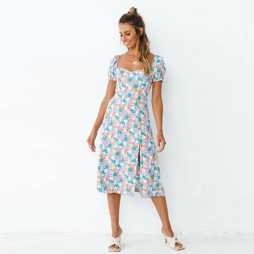 Boho Long Dress Women Vintage Floral Short Lantern Sleeve A-line Maxi Summer Elegant Back Ties Split Dresses