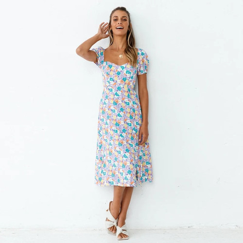 Boho Long Dress Women Vintage Floral Short Lantern Sleeve A-line Maxi Summer Elegant Back Ties Split Dresses