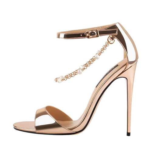 Womens Sandals Gold Beaded Chain Ankle Strappy High Heel Sandals Open Toe Single Band Pearl Sexy Heels