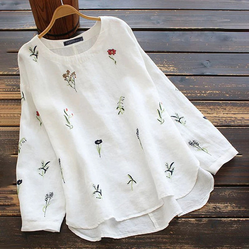 Elegant Embroidery Tops Women's Floral Blouse Casual Long Sleeve Blusas Female Cotton O Neck Shirts