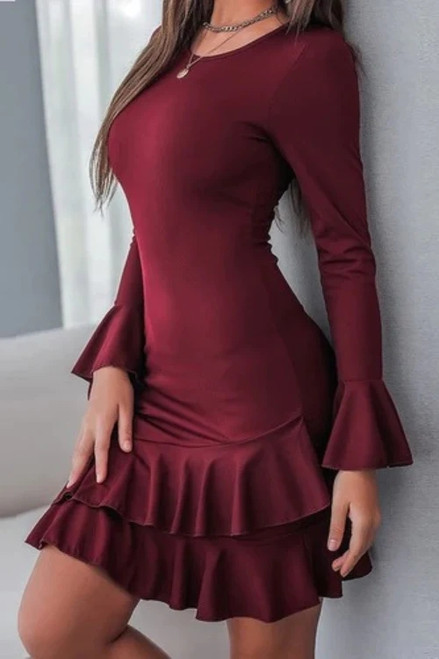 Elegant Ruffle Hem Skinny Dress for Women Autumn Dresses Solid High Waist Full Flare Sleeve Mini Dress Women