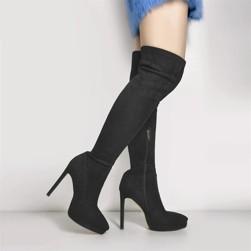 Women Over the Knee Boots Black Flock Platform Zipper Mature Sexy Thin High Heel