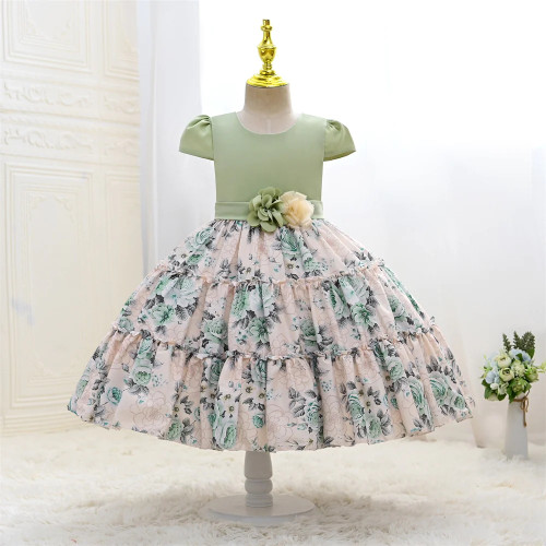 Childrens Dress Up Floral Fashion Girl Birthday Dress Short Sleeve Sweet Flowers Clothes With Waistband Appliques