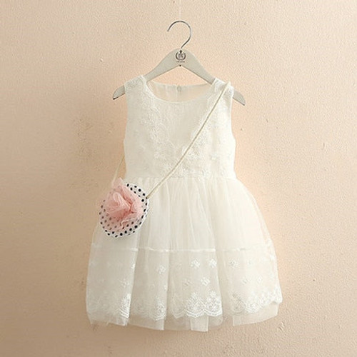 Summer Teenager Floral Sleeveless Lace Mesh Ball Gown Dress With Bag For Kids Baby Girl