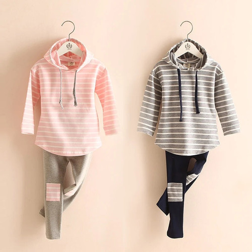 Autumn Spring Striped Long Sleeve Cotton Hoodies Tops+Leggings Baby Kids Girl 2Pcs Outfits Clothing Sets