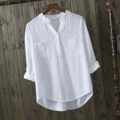 Autumn Women Shirt Long Sleeve Loose V-neck White Blouse Double Pockets Casual Ladies Blouses 100% Cotton Shirts