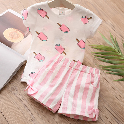 Summer Cotton Children Ice Cream Print White Pink T-Shirt+Stripe Bow Shorts 2 Pcs Kids Girl Clothing Set