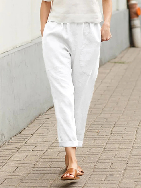 Spring and Summer Women Clothing Women Large Pockets Solid Color Comfortable Cotton Linen Casual Pants Straight Trousers