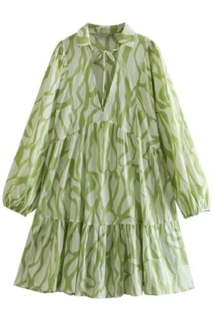 Green Irregular Stripe Print Full Puff Sleeve Women Shirt Dress Ethnic Lacing Up V neck A-line Swing Holiday Robe