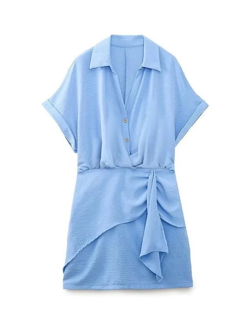 Women Solid Color Pleats Knotted Design Casual Slim Mini Shirt Dress Office Lady Chic Zipper