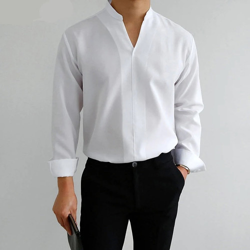 Men Casual Shirt V Neck Long Sleeve Streetwear Tops Loose Leisure Camisa