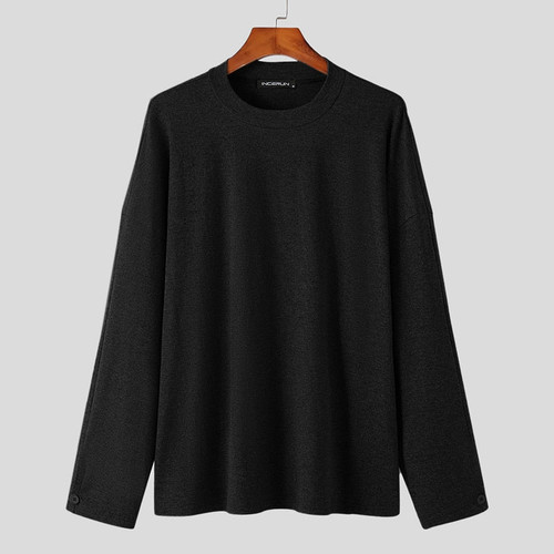 Men T Shirt Solid Color O-neck Long Sleeve Streetwear Casual Tee Tops Knitted Loose Leisure Camisetas