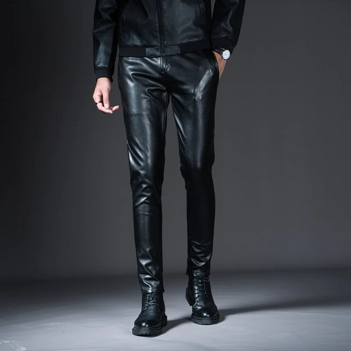 Winter Mens Skinny Biker Leather Pants Faux Leather Motorcycle Trousers For Male Stage Club Wear