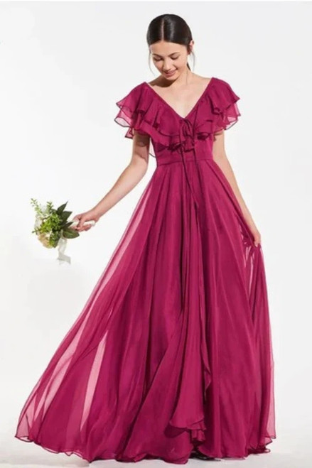 Women Wedding Party Dress Elegant Burgundy Sleeveless Ruffles Floor Length Bridesmaid Prom Evening Dresses