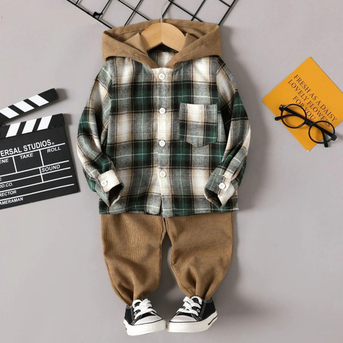 Baby Boy Outfit Set Spring Autumn Clothing Hooded Plaid Shirts+Brown Corduroy Pants 2pcs Toddler Boys Clothes